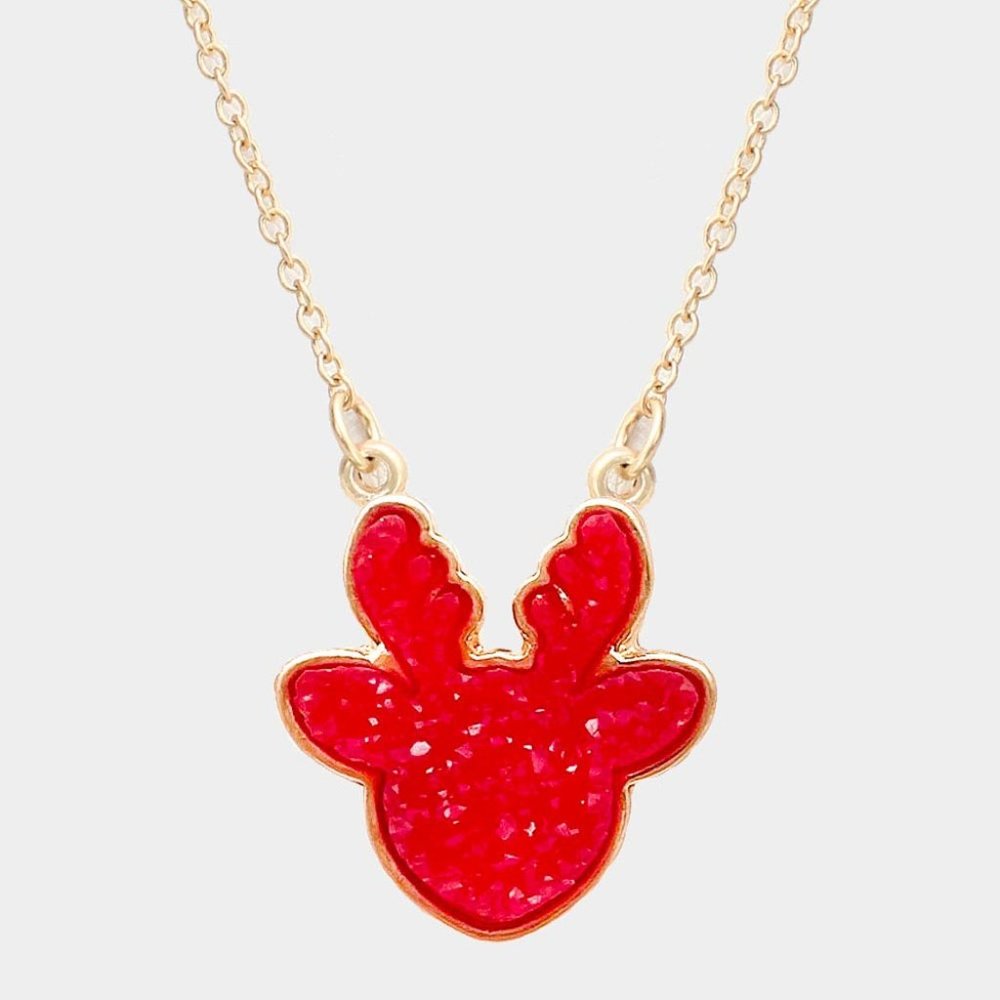 Cute Red Reindeer Druzy Charm Necklace Pendant Christmas Jewelry Gift